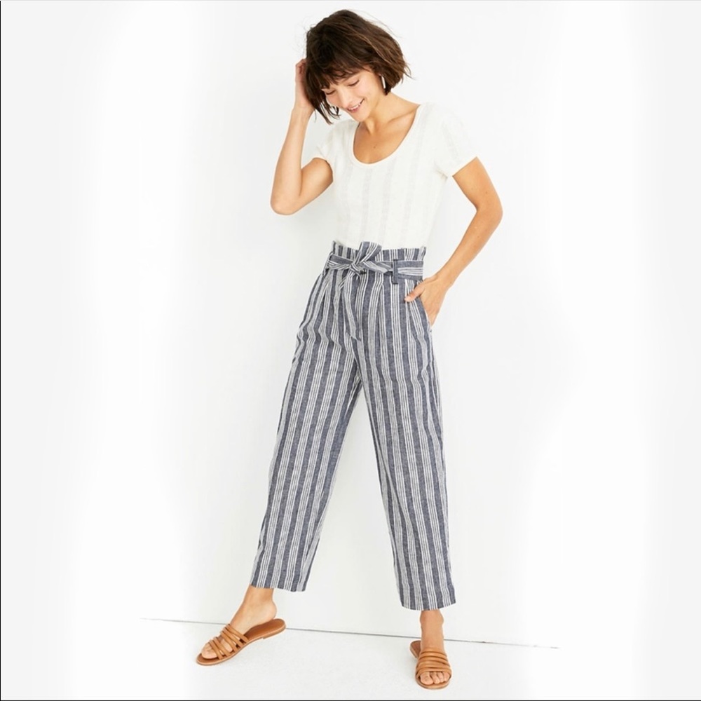 Madewell Linen Paperbag Pants Deep Indigo Stripe